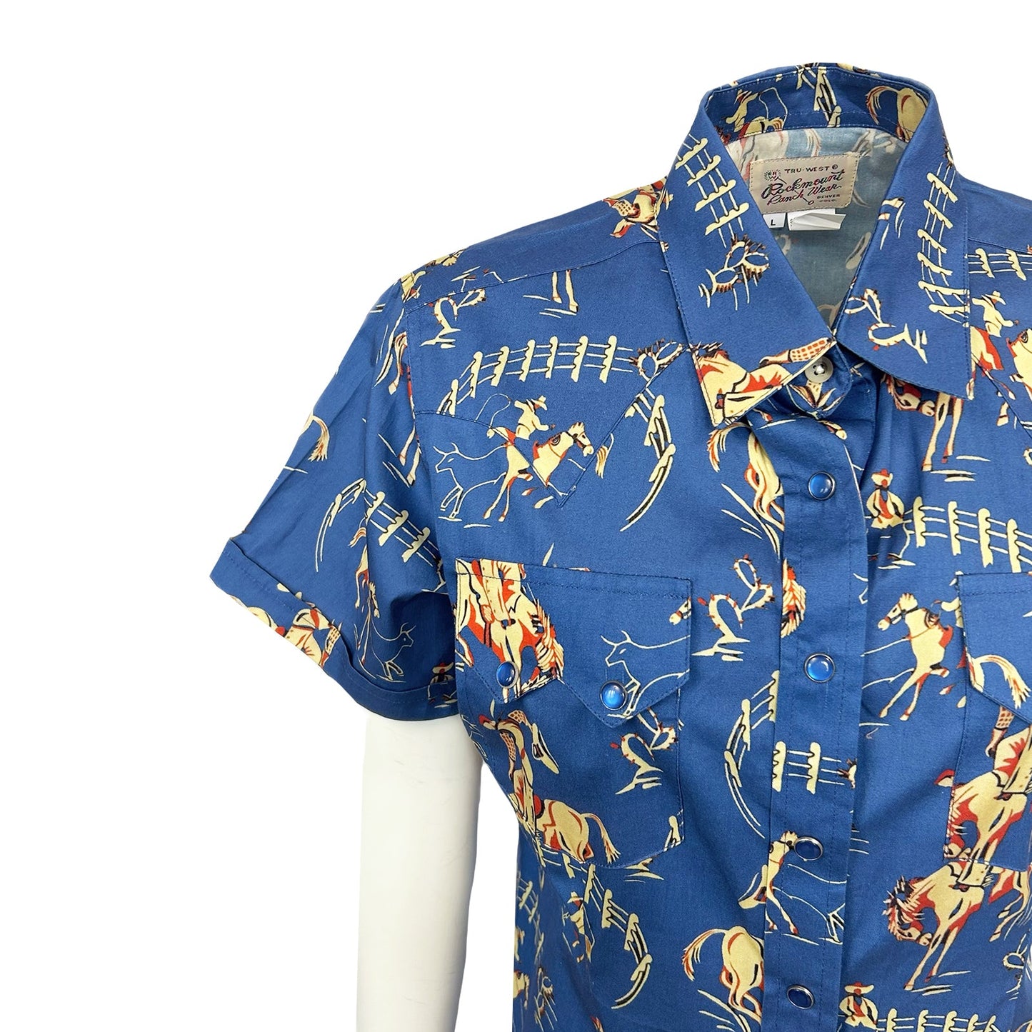 Rockmount Ranch Wear Womenâ€™s Vintage Bronc Print Short Sleeve Blue Western Shirt - Rockmount Clothing - Flyclothing LLC