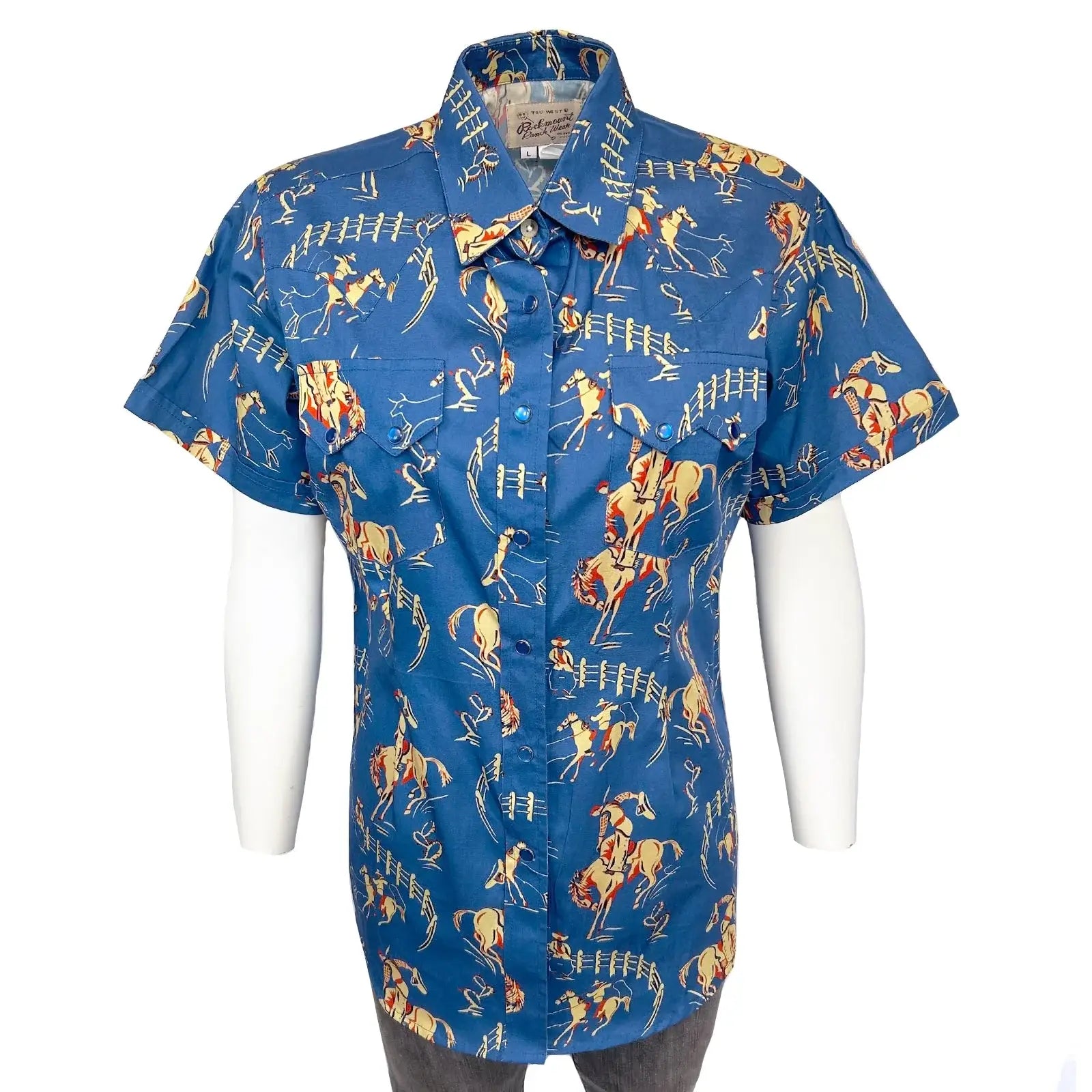 Rockmount Ranch Ware Womenâs Vintage Bronc Print Short Sleeve Blue Western Shirt - Rockmount Clothing - Flyclothing LLC