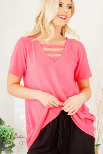 Heimish Full Size V-Neck Short Sleeve T-Shirt with Bar Detail Plus Size - Trendsi - Flyclothing LLC