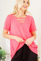 Heimish Full Size V-Neck Short Sleeve T-Shirt with Bar Detail Plus Size - Trendsi - Flyclothing LLC