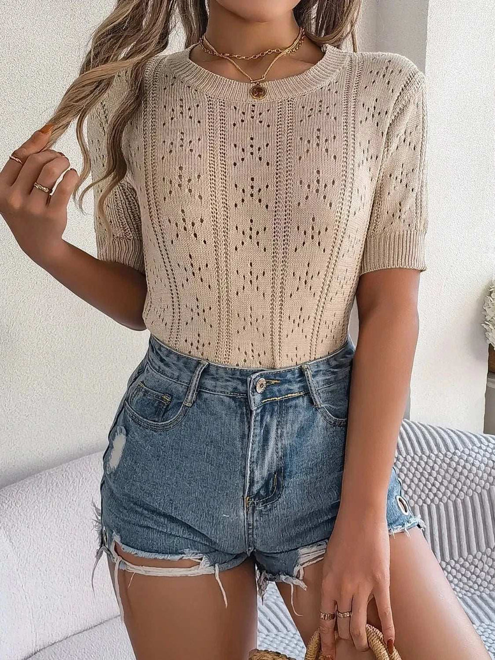 Openwork Round Neck Short Sleeve Knit Top - Trendsi - Flyclothing LLC