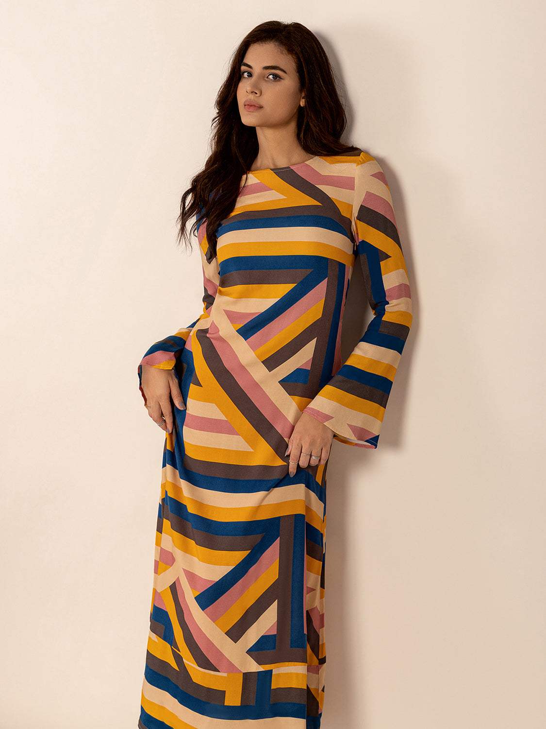Contrast Round Neck Flare Sleeve Midi Dress - Trendsi - Flyclothing LLC