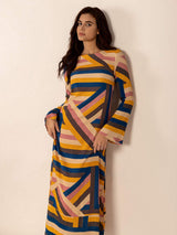 Contrast Round Neck Flare Sleeve Midi Dress - Trendsi - Flyclothing LLC