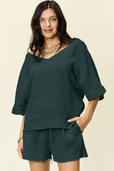 Double Take Texture Half Sleeve T-Shirt and Drawstring Shorts Set - Trendsi - Flyclothing LLC