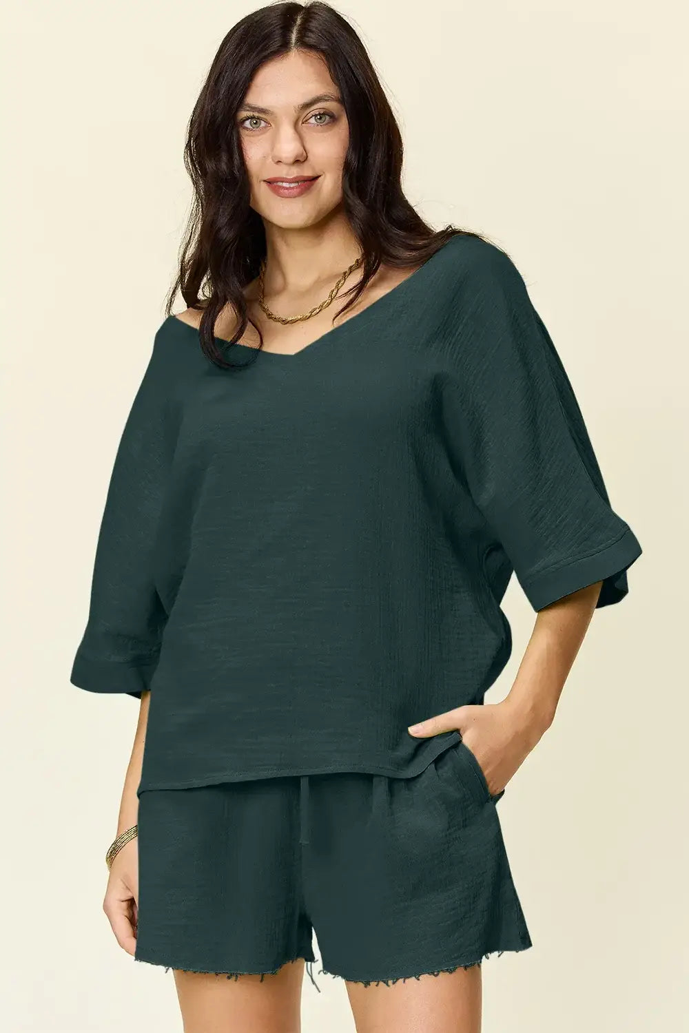 Double Take Texture Half Sleeve T-Shirt and Drawstring Shorts Set - Trendsi - Flyclothing LLC