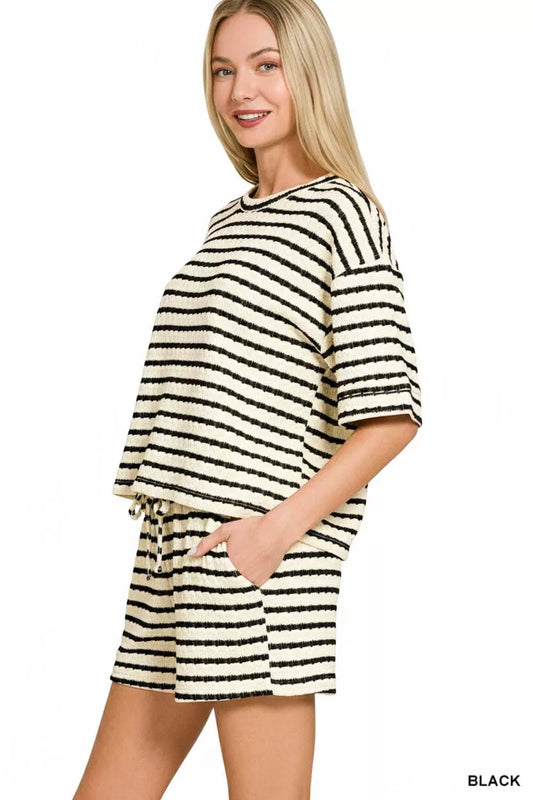 Zenana Striped Short Sleeve Tee & Shorts Set - Trendsi - Flyclothing LLC