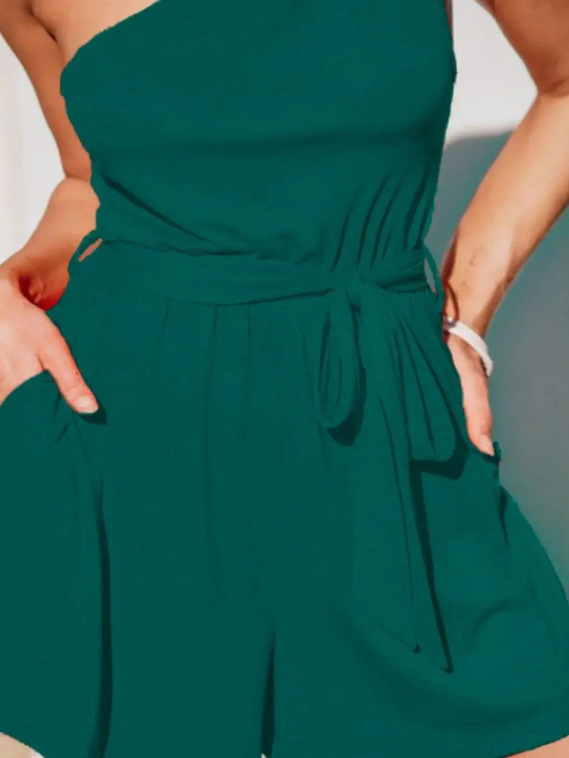 Single Shoulder Tie Waist Romper - Trendsi - Flyclothing LLC