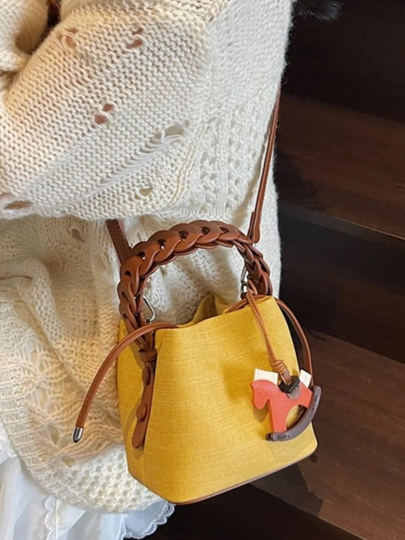 Braided Top Handle Bucket Crossbody Bag - Trendsi - Flyclothing LLC