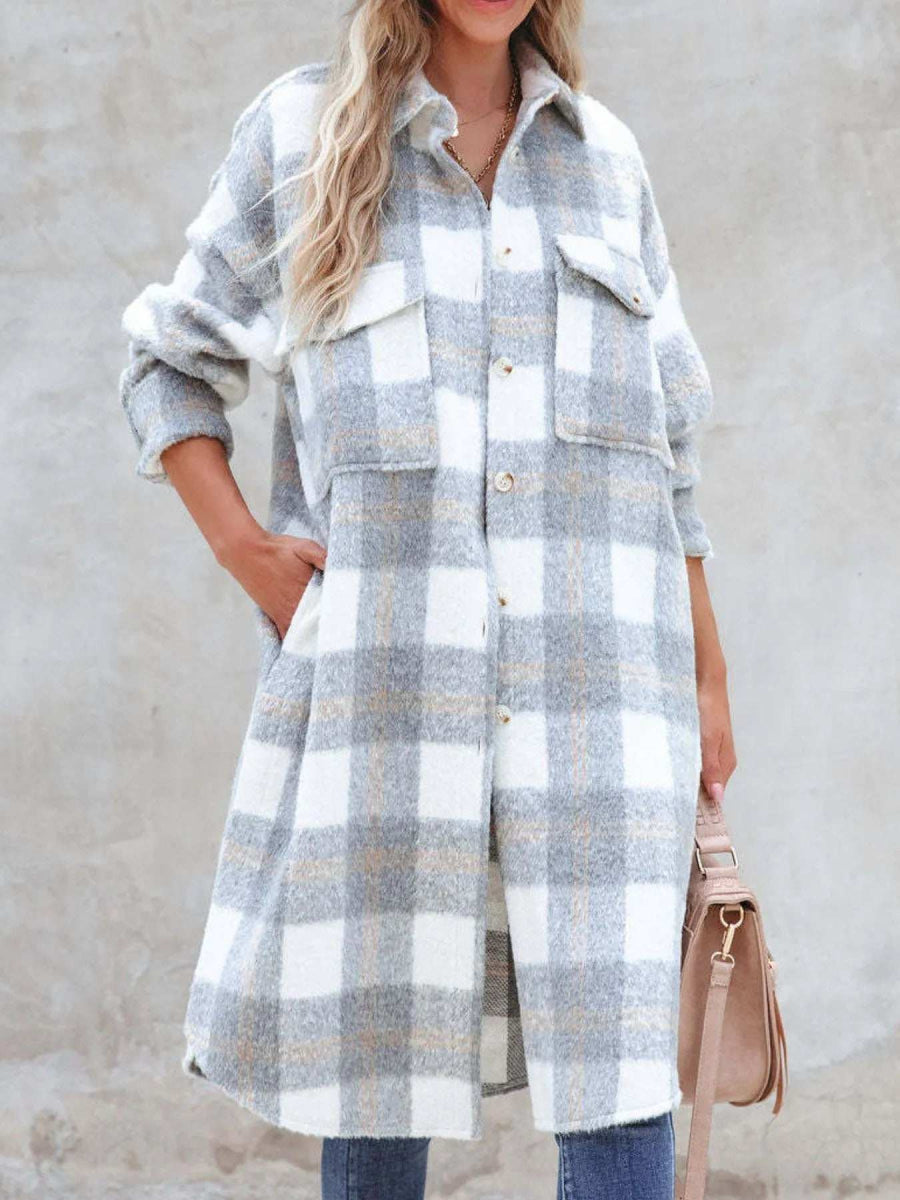 Oversized Plaid Button Up Longline Jacket - Trendsi