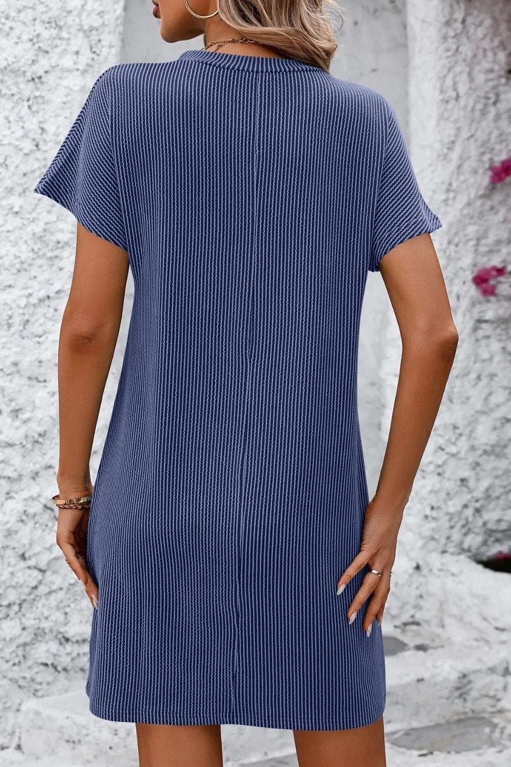 Ribbed Striped Short Sleeve Mini Tee Dress - Trendsi - Flyclothing LLC