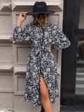Lace Detail Printed Long Sleeve Midi Dress - Trendsi