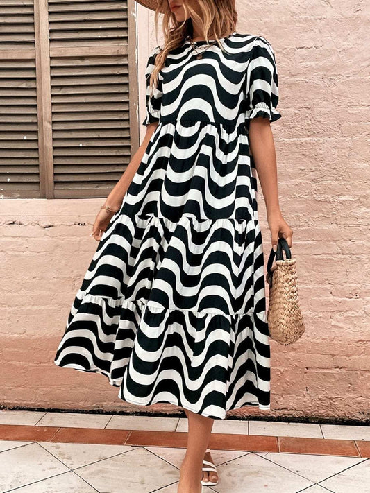 Wavy Striped Round Neck Short Sleeve Dress - Trendsi - Flyclothing LLC