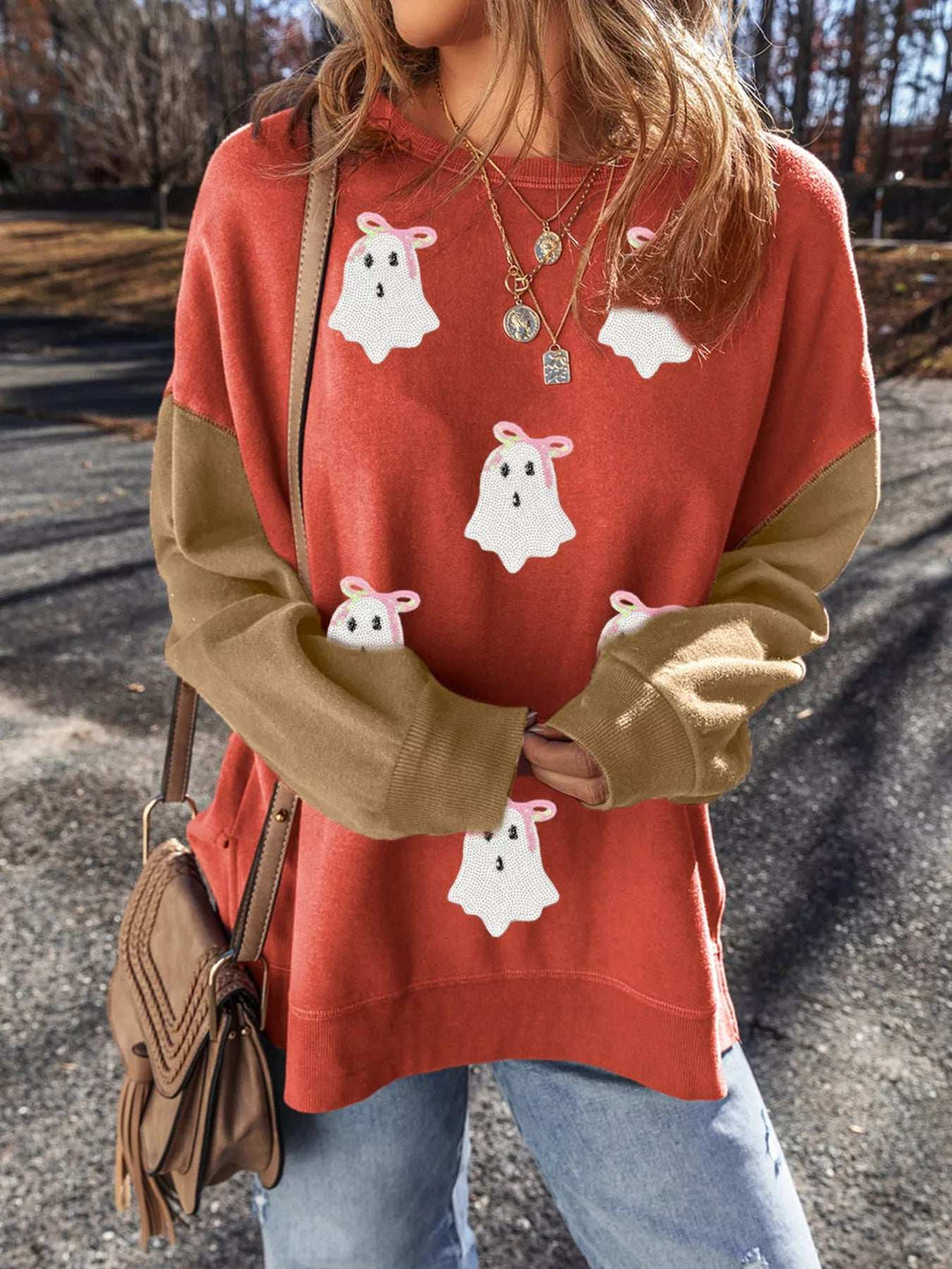Halloween Glitter Ghost Patched Pattern Color Block Sweatshirt - Trendsi - Flyclothing LLC
