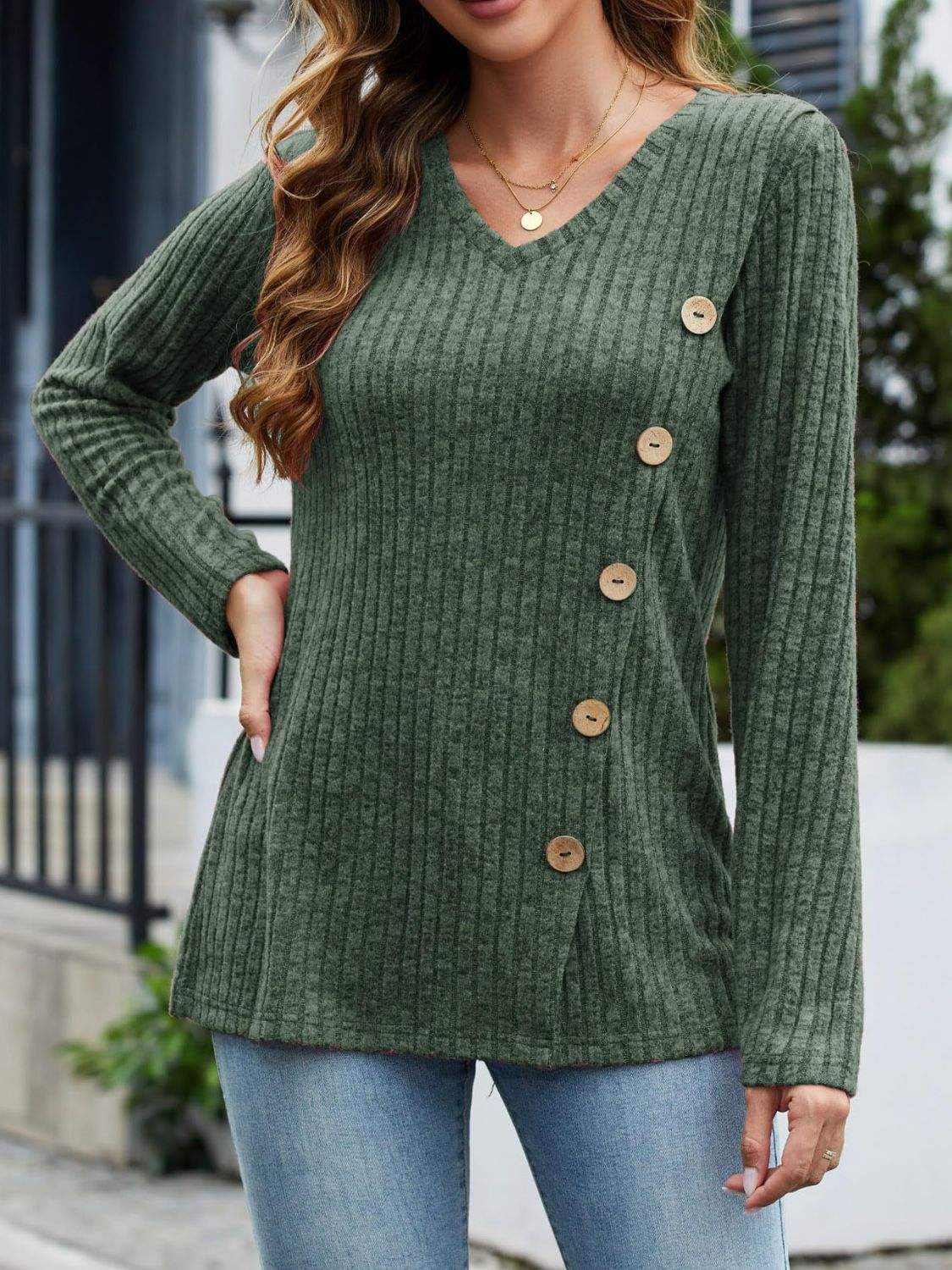 V-Neck Long Sleeve T-Shirt - Trendsi - Flyclothing LLC