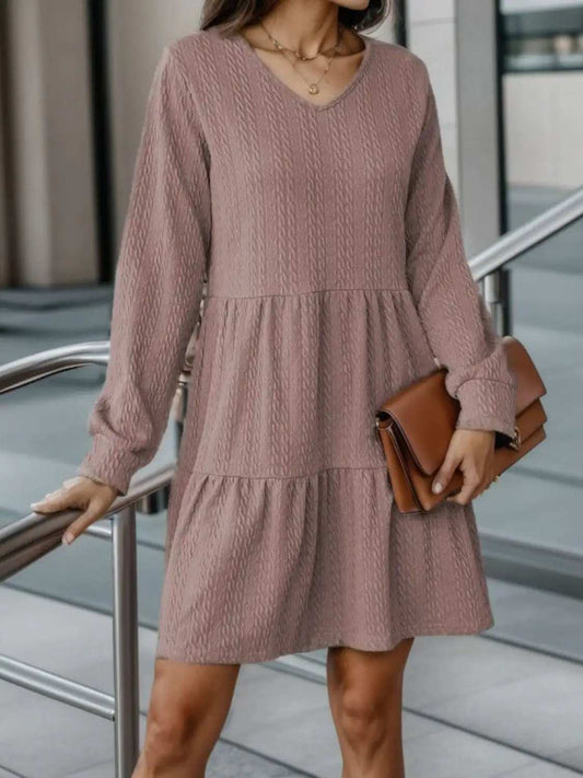 V-Neck Long Sleeve Mini Dress - Trendsi - Flyclothing LLC