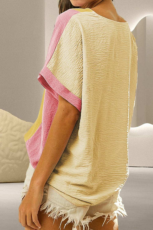 Color Block V-Neck Half Sleeve T-Shirt - Trendsi - Flyclothing LLC