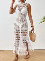 Backless Fringe Hem Round Neck Cover-Up Dress - Trendsi - Flyclothing LLC