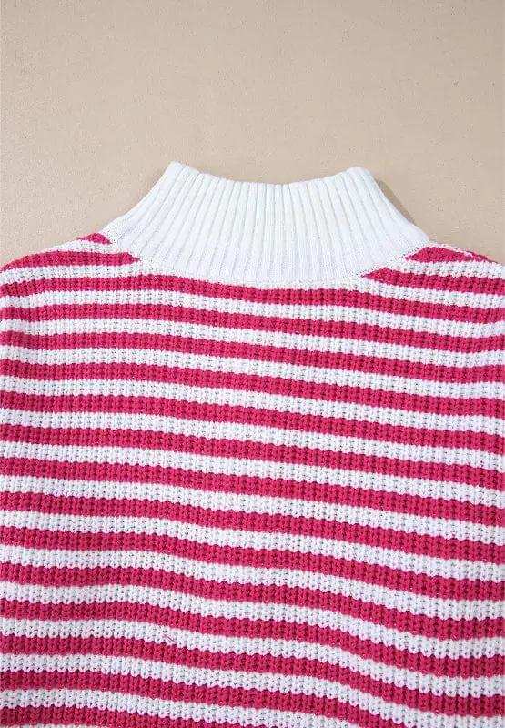 Striped Half Zip Mock Neck Long Sleeve Sweater - Trendsi - Flyclothing LLC