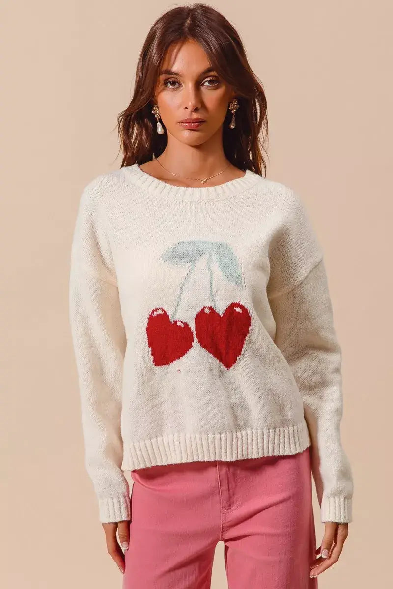SO ME Heart Cherry Knitted Valentine Sweater Top - Trendsi - Flyclothing LLC