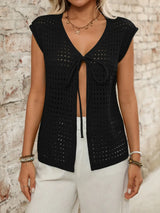 Tied Front Openwork V-Neck Knit Top - Trendsi - Flyclothing LLC