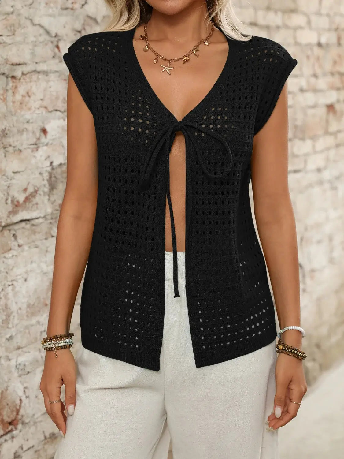Tied Front Openwork V-Neck Knit Top - Trendsi - Flyclothing LLC