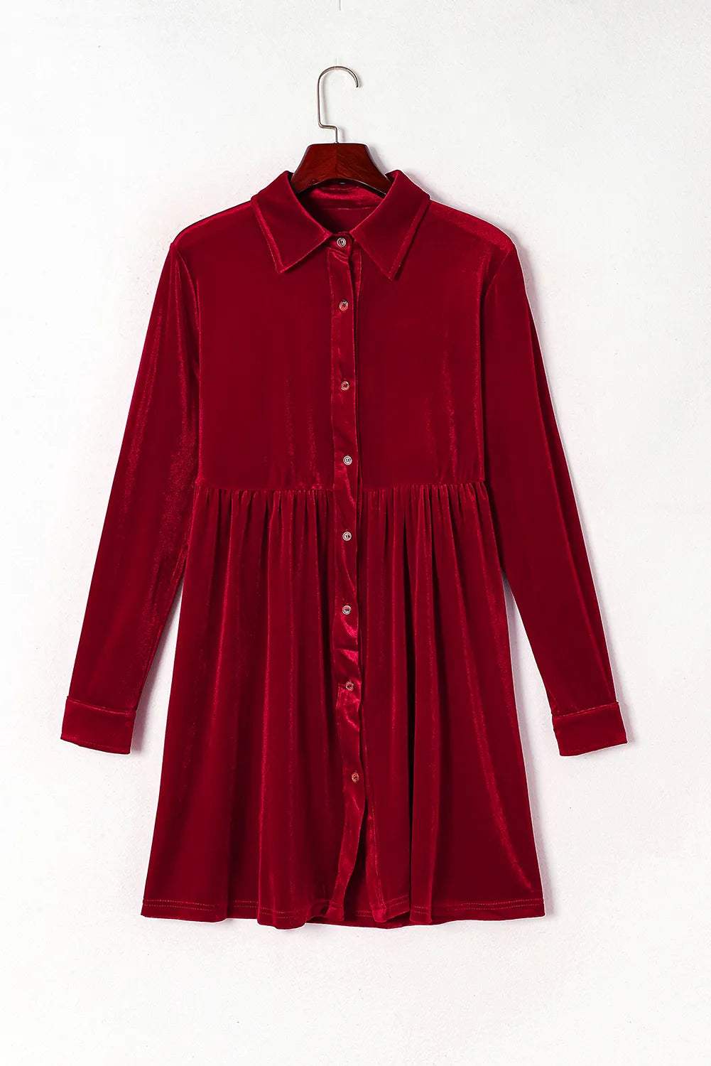 Ruched Button Up Collared Neck Long Sleeve Shirt Dress - Trendsi - Flyclothing LLC