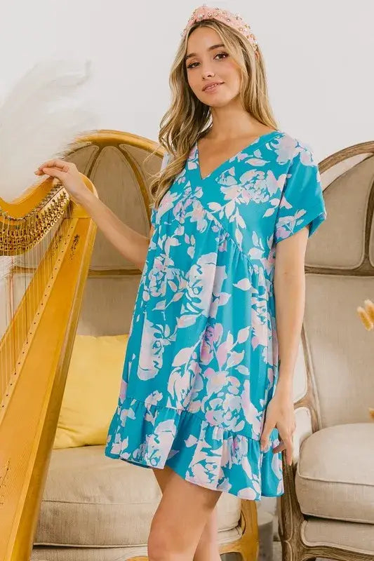 BiBi Floral Crinkle Shirred Ruffle Detail V Neck Dress - Trendsi - Flyclothing LLC