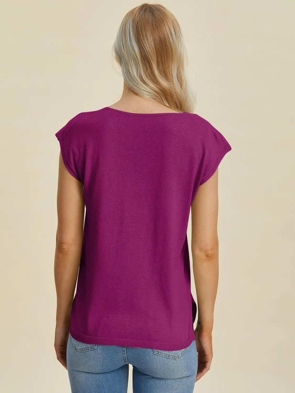 Double Take Full Size Notched Cap Sleeve Knit Top - Trendsi - Flyclothing LLC