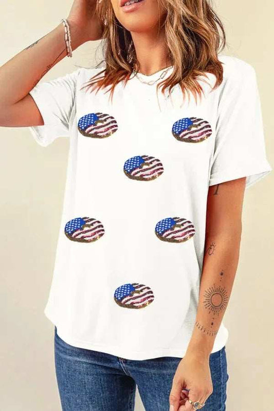 Sequined Flag Round Neck Short Sleeve T Shirt - Trendsi - Flyclothing LLC