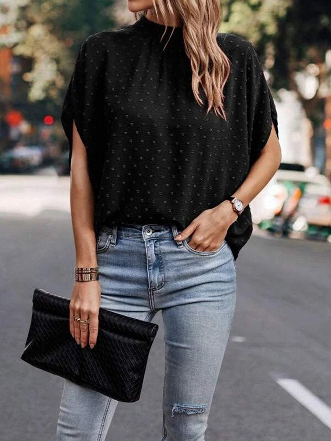 Swiss Dot Mock Neck Half Sleeve Blouse - Trendsi - Flyclothing LLC
