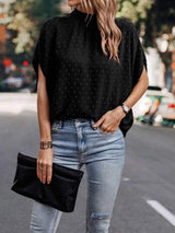 Swiss Dot Mock Neck Half Sleeve Blouse - Trendsi - Flyclothing LLC