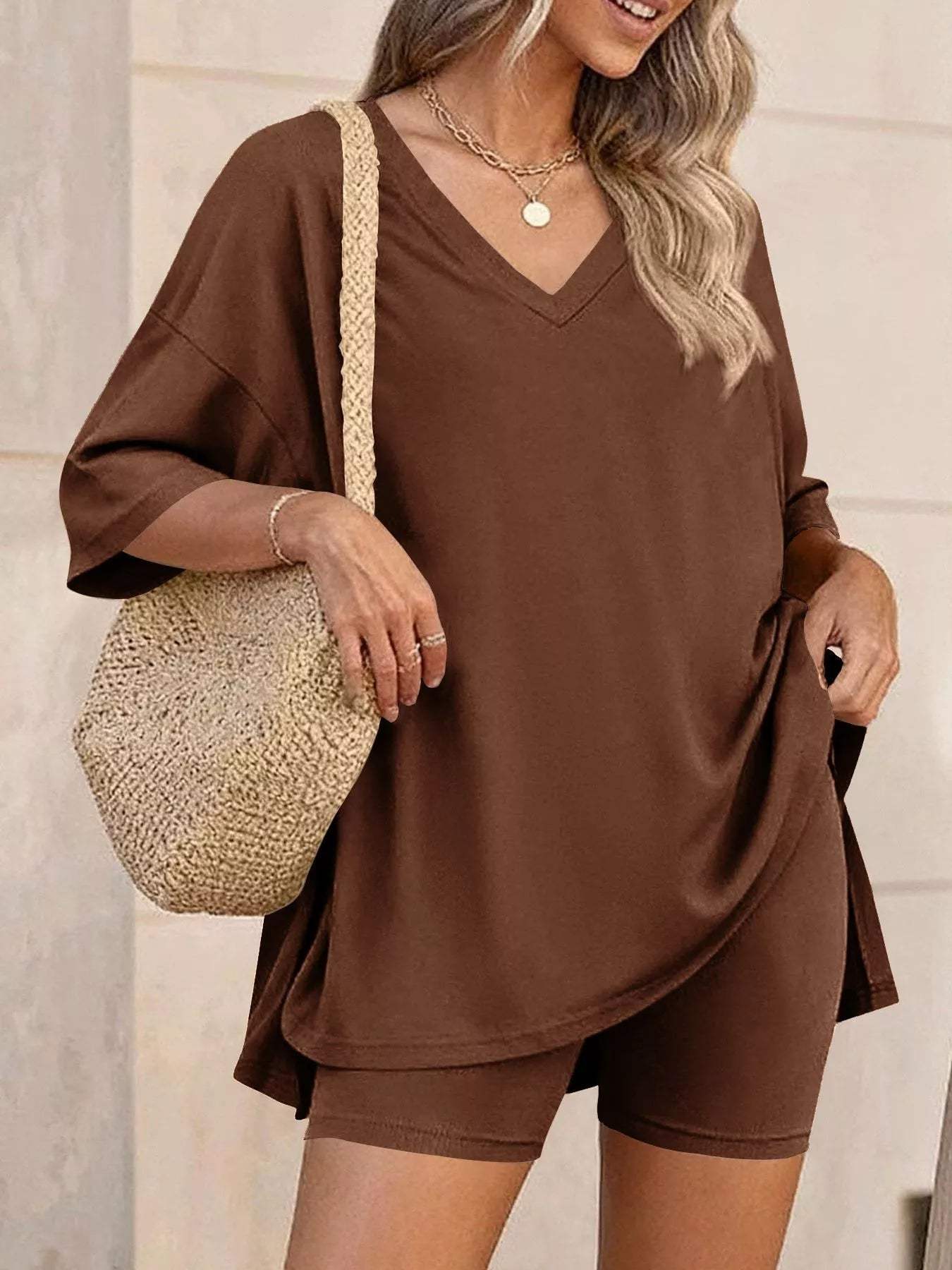 Full Size Casual Loose V-Neck T-Shirt & Shorts Set Plus Size - Trendsi - Flyclothing LLC