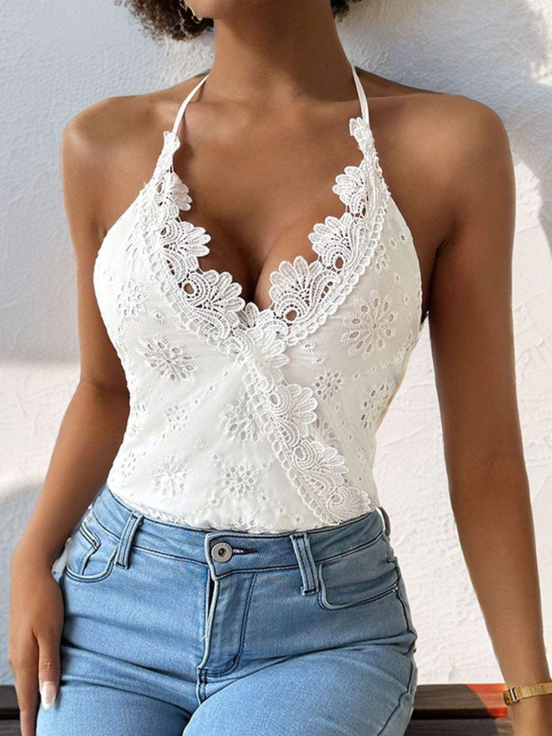 Halter Neck Lace Bodysuit - Trendsi - Flyclothing LLC