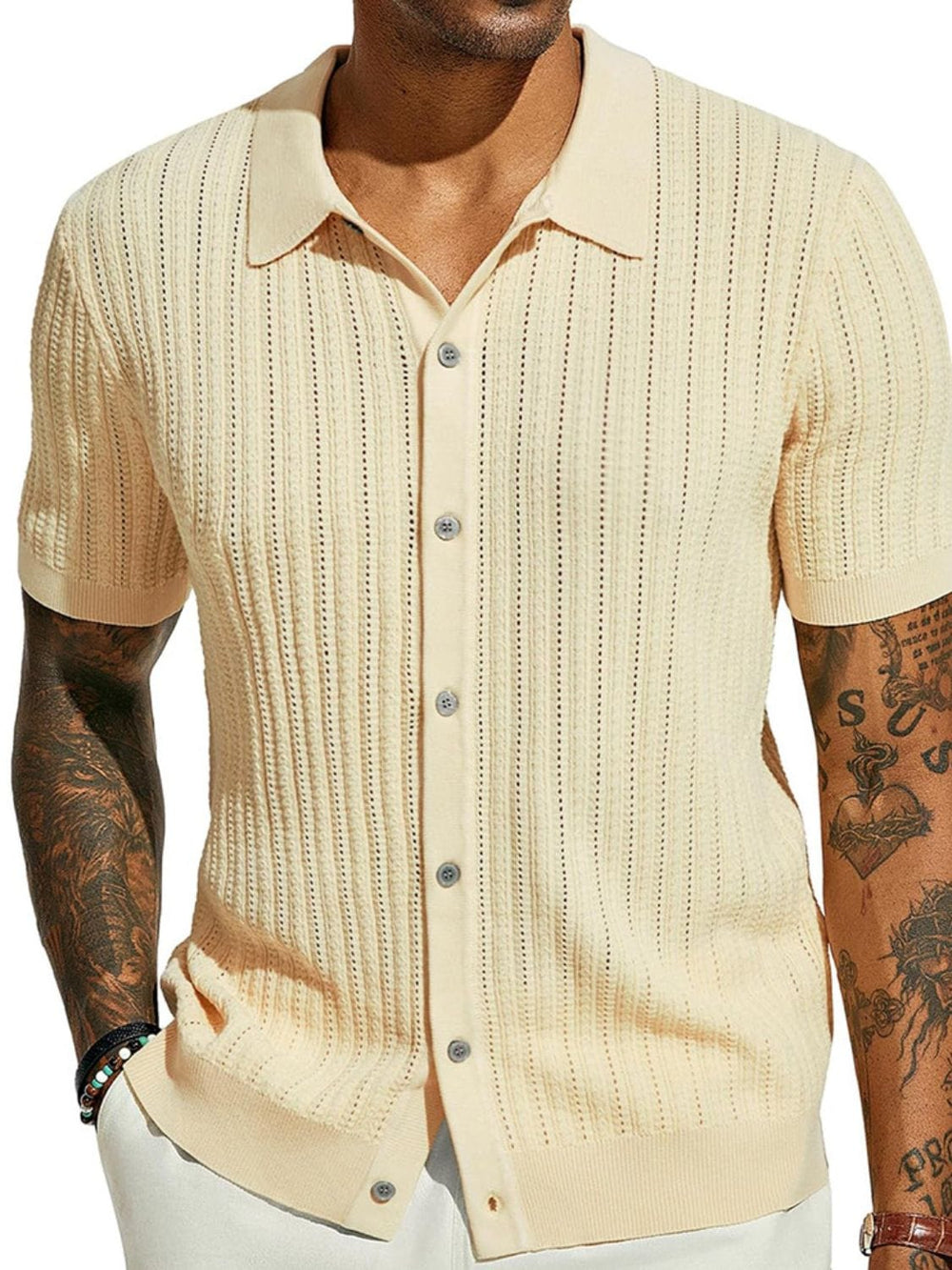 Men's Full Size Openwork Button Down Collared Neck Shirt Plus Size - Trendsi