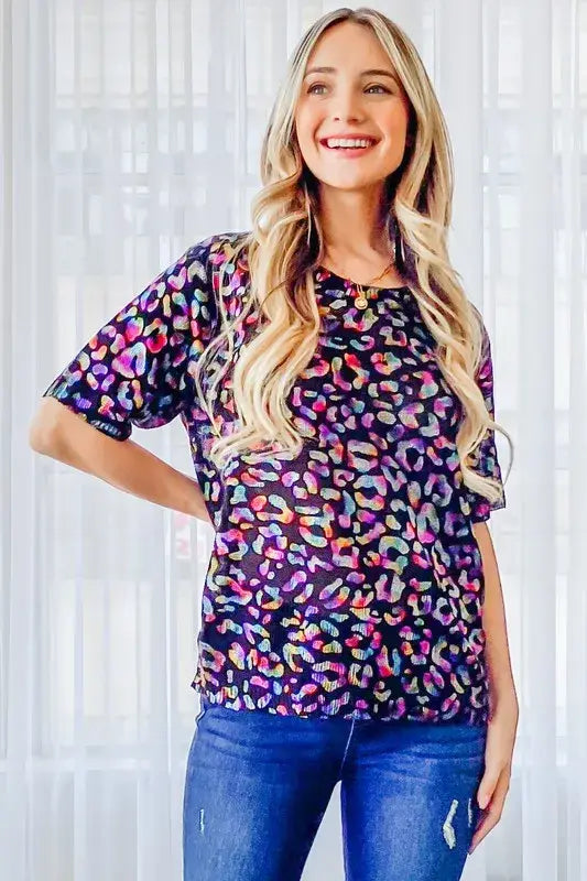 And The Why Leopard Foil Printed Half Sleeve Summer Sweater - Trendsi - Flyclothing LLC