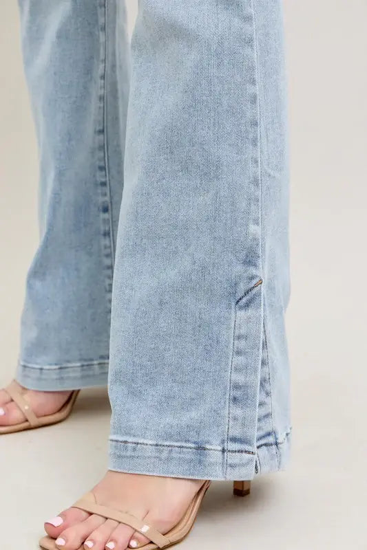 Judy Blue Full Size Tummy Control Vintage Wash Side Slit Slim Boot Jeans Plus Size - Trendsi - Flyclothing LLC