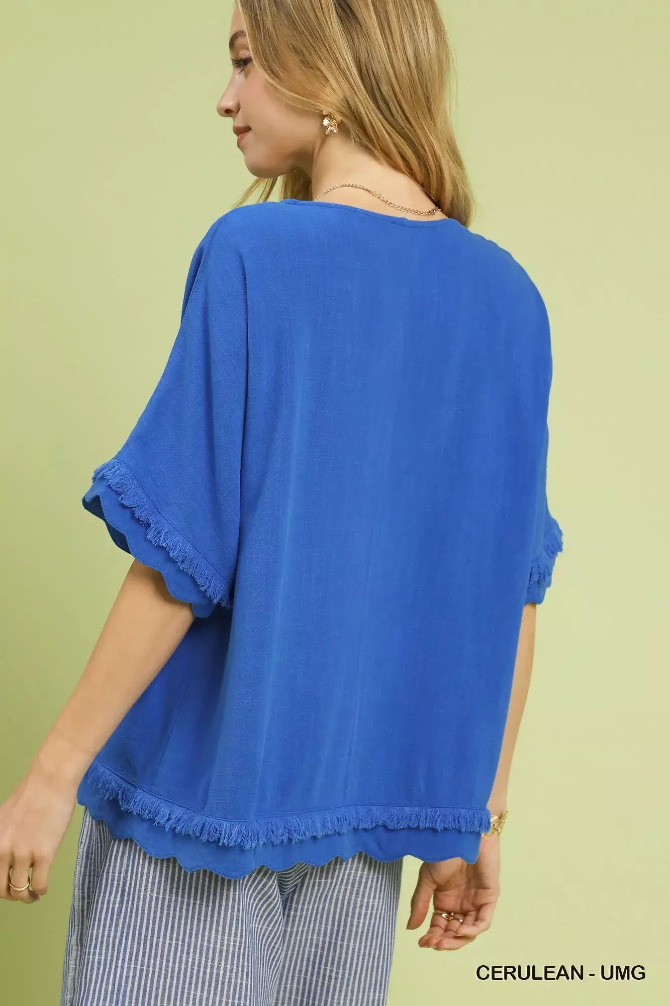 Umgee Linen Frayed Hem Scallop Edge Top - Trendsi - Flyclothing LLC