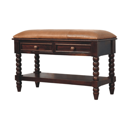 Spindle Winewood Leather Bench - Artisan Furniture - Flyclothing LLC