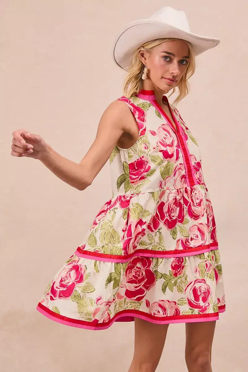 BiBi Floral Woven Contrast Edge Tiered Ruffle Mini Dress - Trendsi - Flyclothing LLC