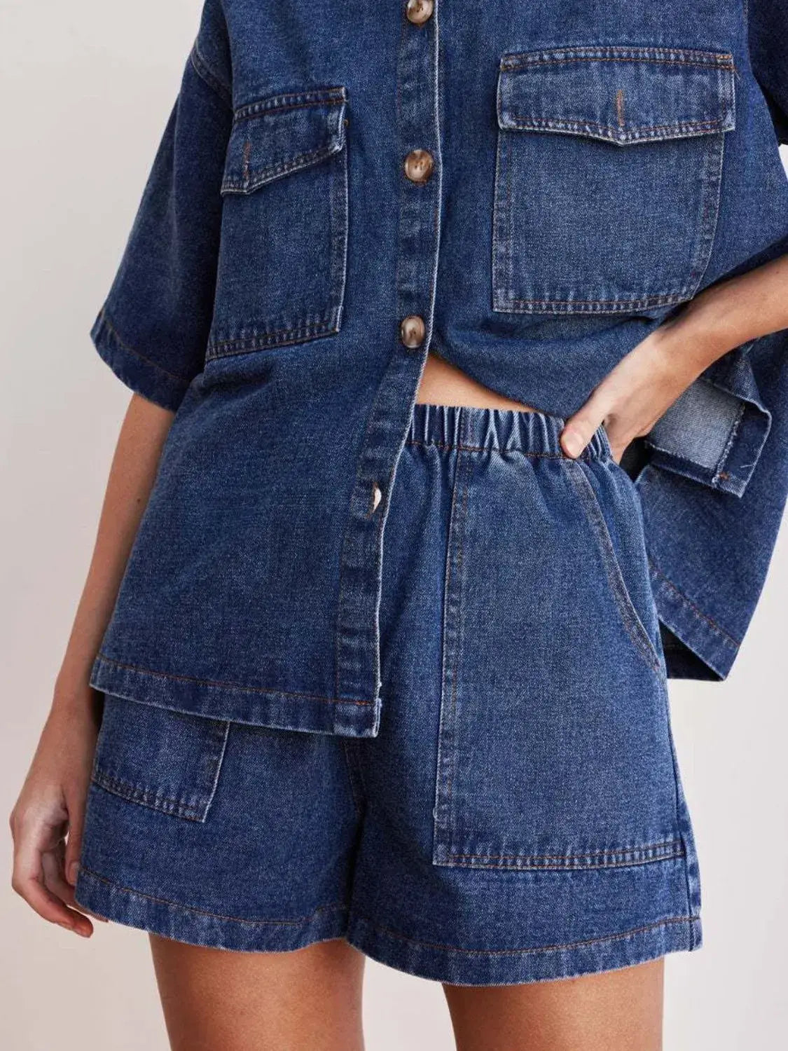Elastic Waist Denim Shorts - Trendsi - Flyclothing LLC