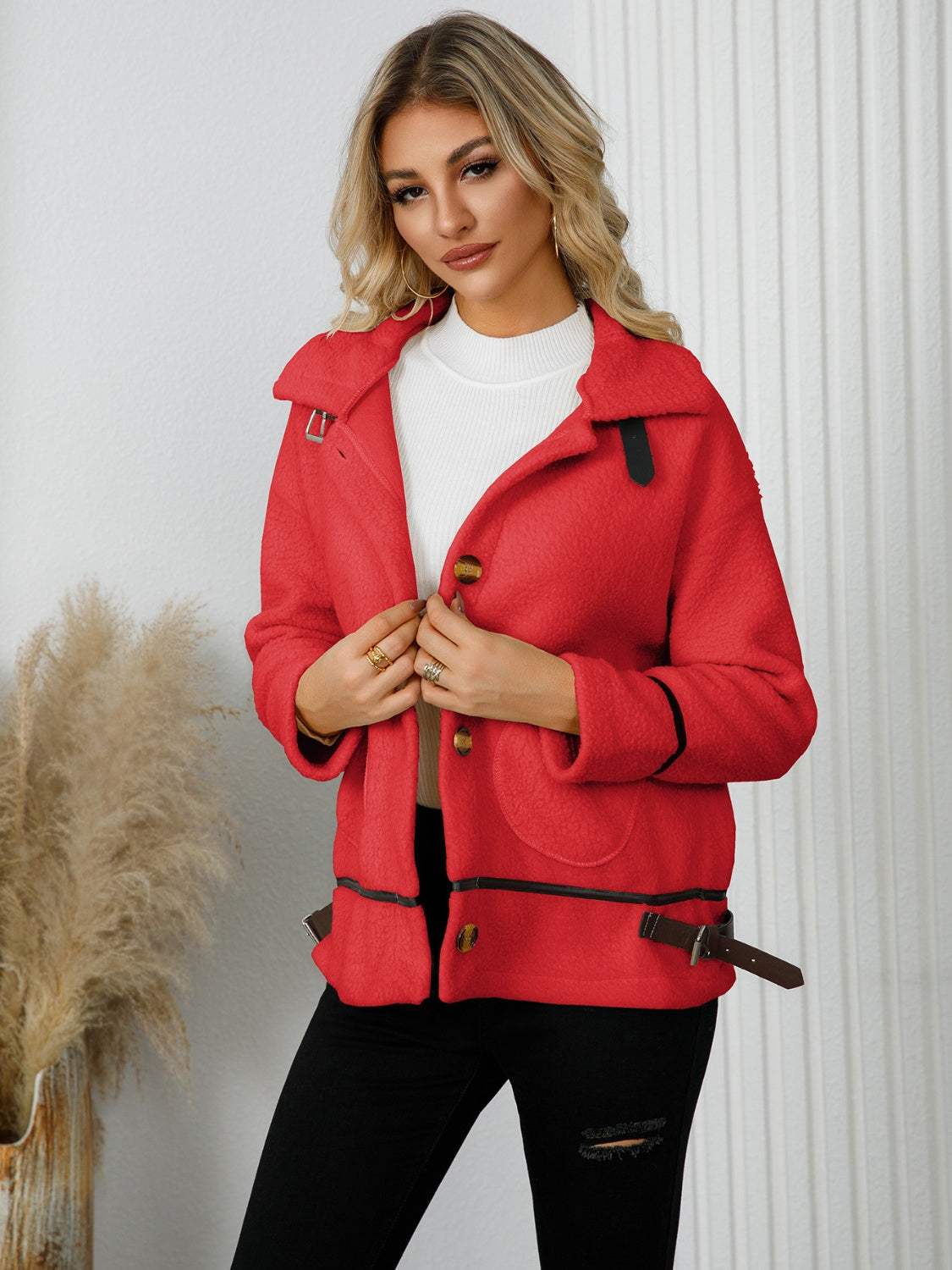 Pocketed Button Down Collared Neck Jacket - Trendsi - Flyclothing LLC