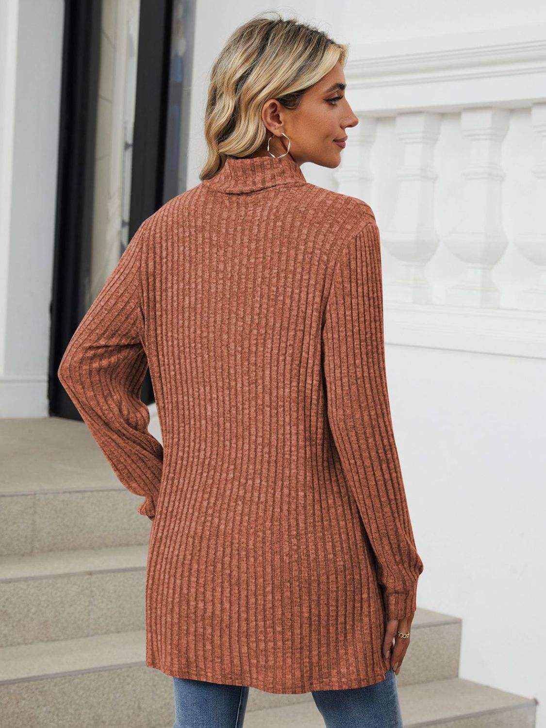 Ribbed Mock Neck Long Sleeve T-Shirt - Trendsi - Flyclothing LLC