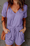 Full Size Drawstring V-Neck Short Sleeve Romper - Trendsi - Flyclothing LLC