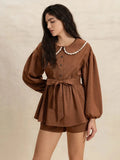 Peter Pan Collar Balloon Sleeve Top and Shorts Set - Trendsi