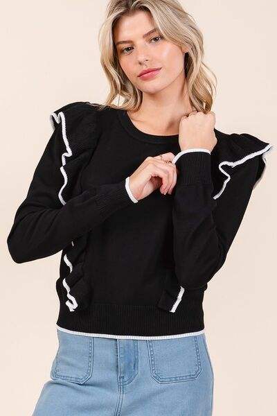 Mittoshop Contrast Trim Ruffled Round Neck Knit Top - Trendsi - Flyclothing LLC