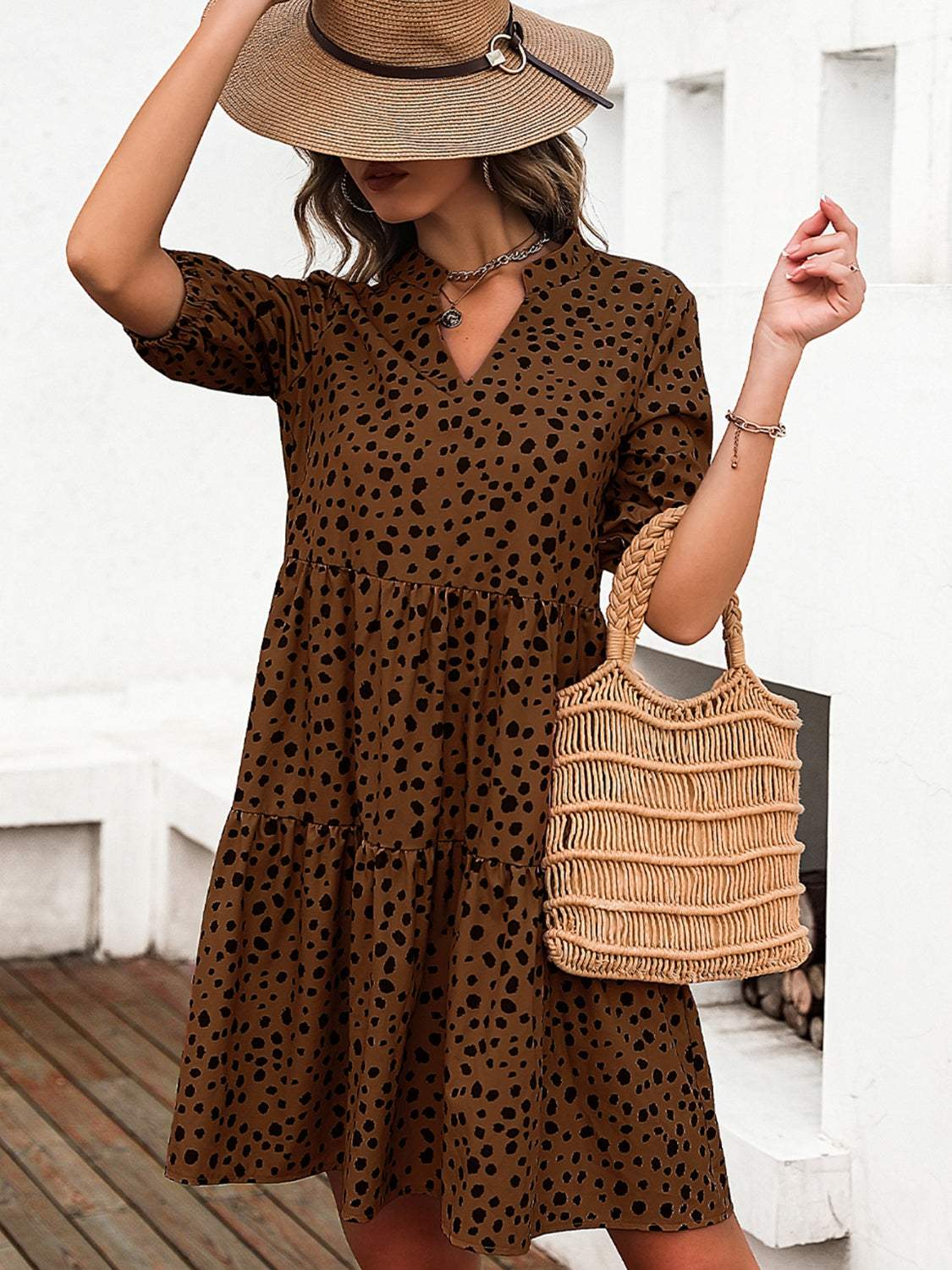 Printed Notched Half Sleeve Dress - Trendsi - Flyclothing LLC