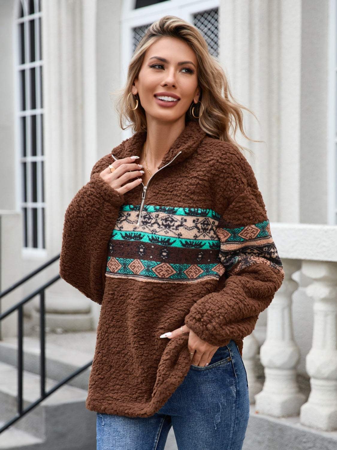 Half Zip Long Sleeve Fuzzy Top - Trendsi - Flyclothing LLC