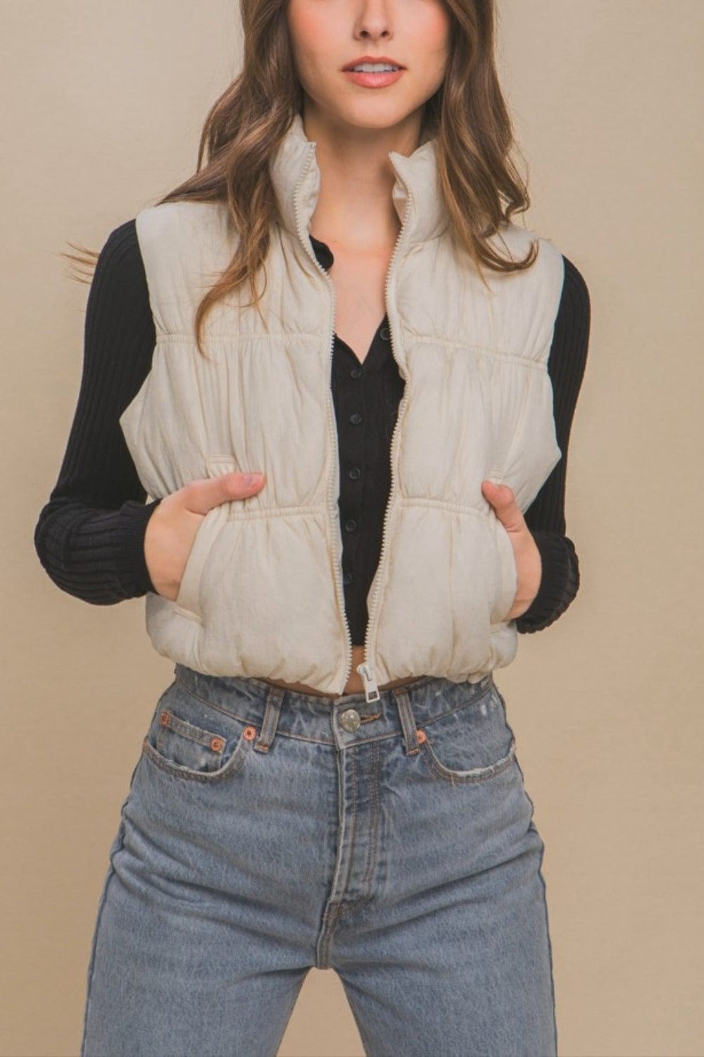 Love Tree Zip Up Turtleneck Cropped Vest Coat - Trendsi
