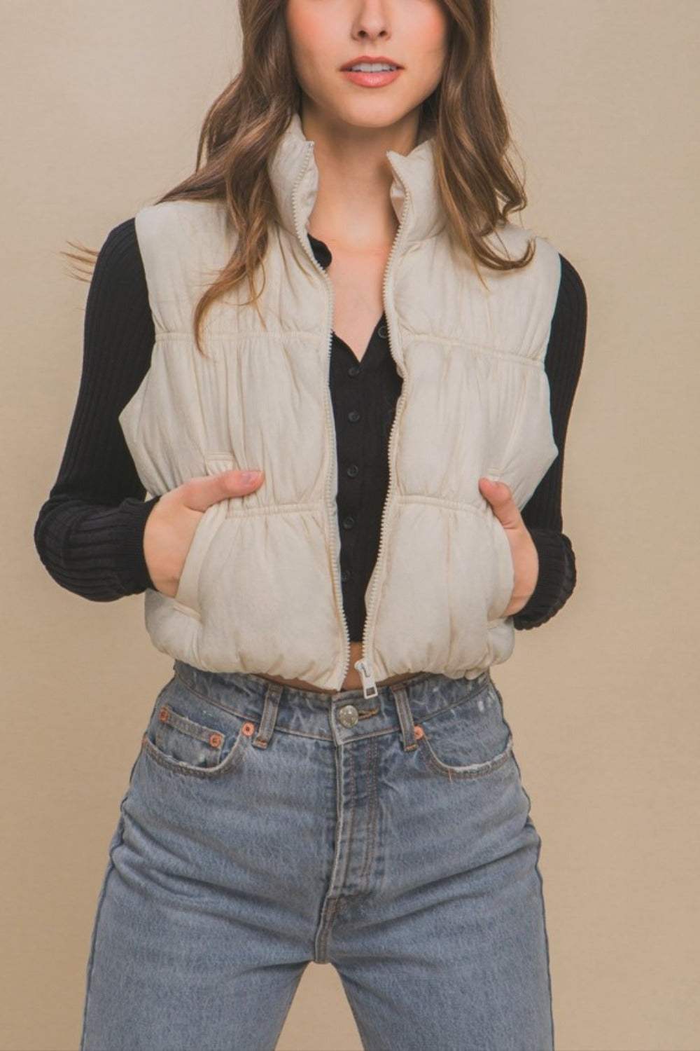 Love Tree Zip Up Turtleneck Cropped Vest Coat - Trendsi - Flyclothing LLC