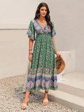 Ruched Printed Flounce Sleeve Midi Dress - Trendsi